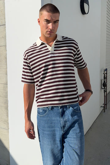 Common Need Enzo Boxy Cropped Polo Burgundy Stripe