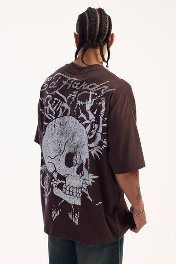 Ed Hardy Cyber Skull Rhinestone Boxy Tee Choc Brown