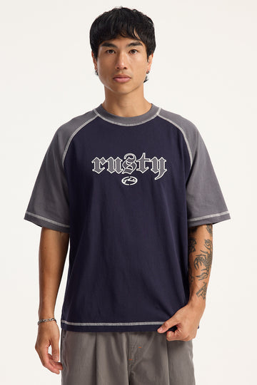 Rusty Decoy Cropped Raglan Tee Navy Blue