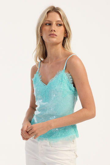 Luck + Trouble Sabrina Sequin Lace Top Aqua