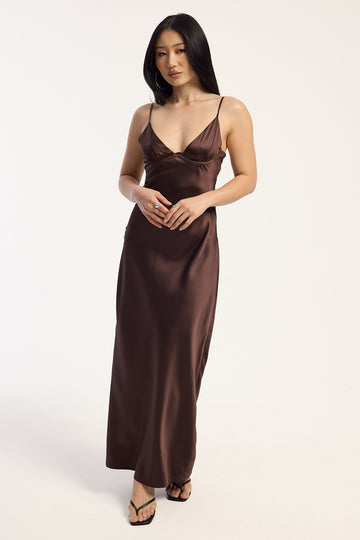 Luck + Trouble Laya Satin Maxi Dress Brown