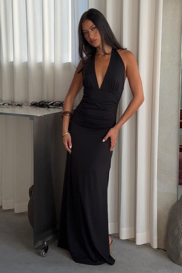 Luck + Trouble Emmy Halter Plunge Maxi Dress Black