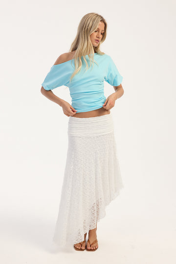 Luck + Trouble Callie Asymmetrical Lace Midi Skirt White