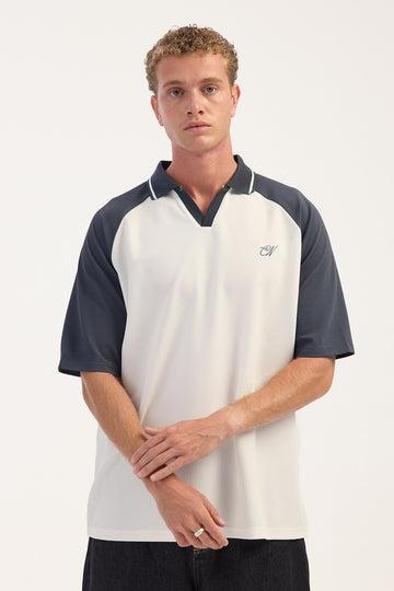 Common Need Marked Boxy Raglan Open Collar Polo Navy/Off White