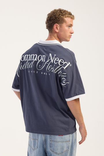 Common Need Distinct Boxy Open Collar Polo Navy/White