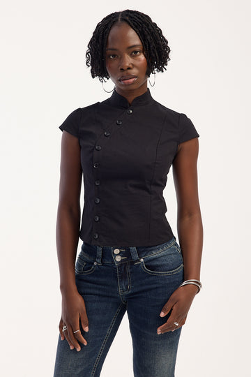 Neovision Studio Funnel Neck Button Up Top Black