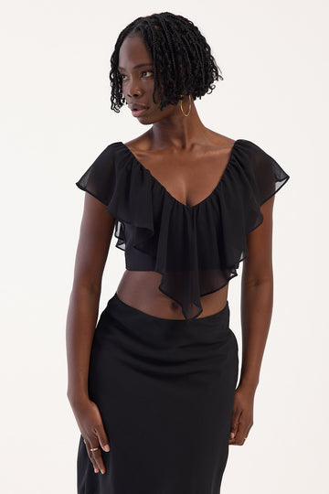 Perfect Stranger Arlo Chiffon V Neck Crop Top Black